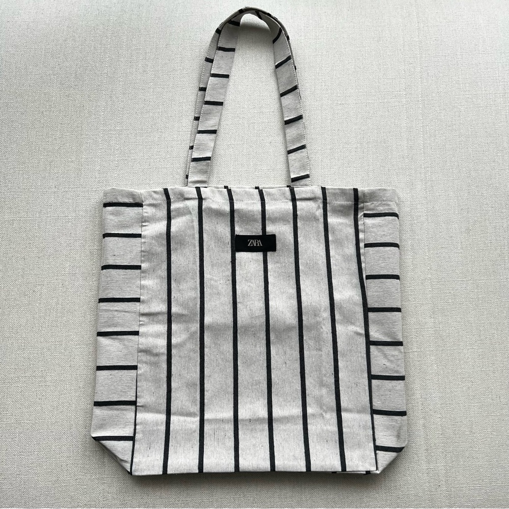 ZARA Gray Blue Striped Tote Bag